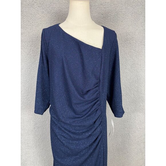 SLNY Plus Size Women's Glitter Asymmetric Neckline Ruched Dress 20W Blue NWT's - Picture 2 of 8